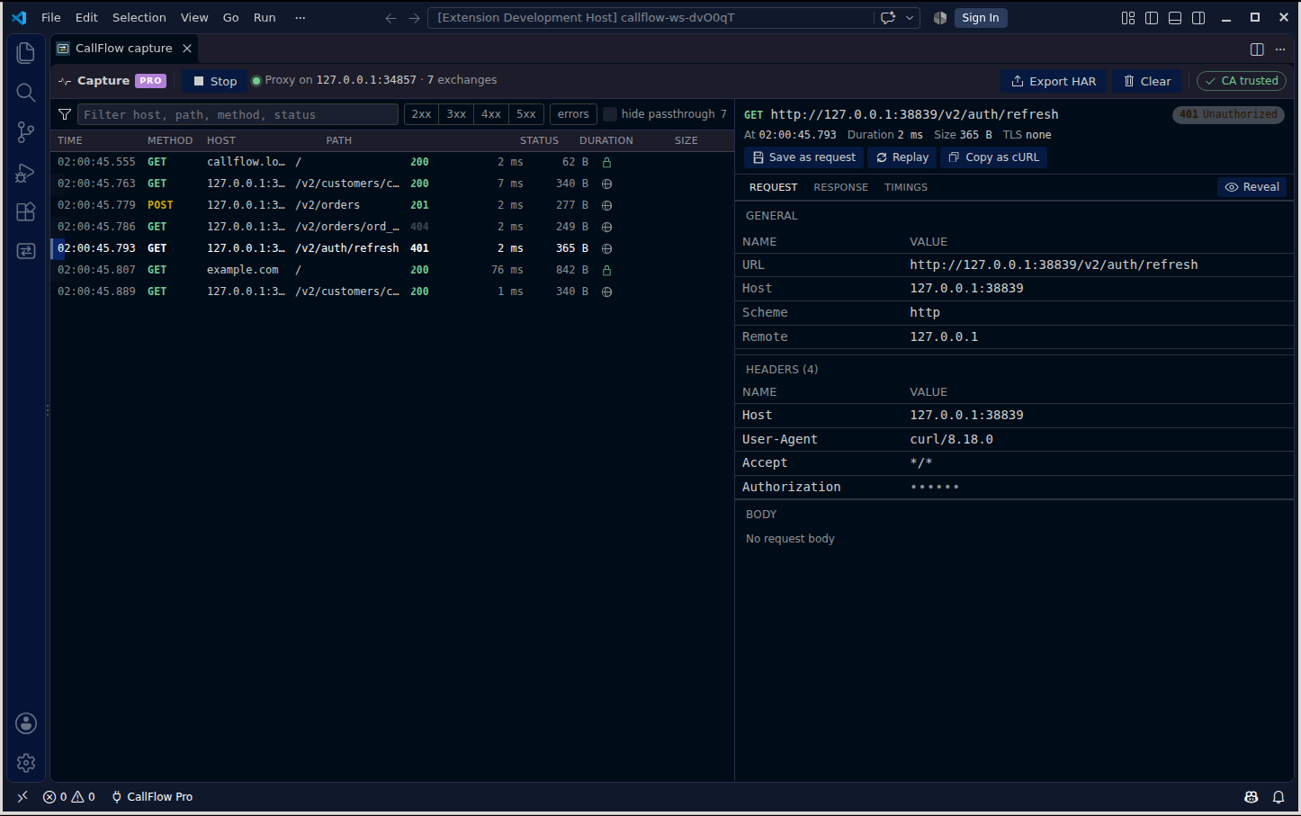 The CallFlow capture inspector inside VS Code: a list of captured HTTP exchanges from a terminal session, with the selected response's headers and JSON body shown below.