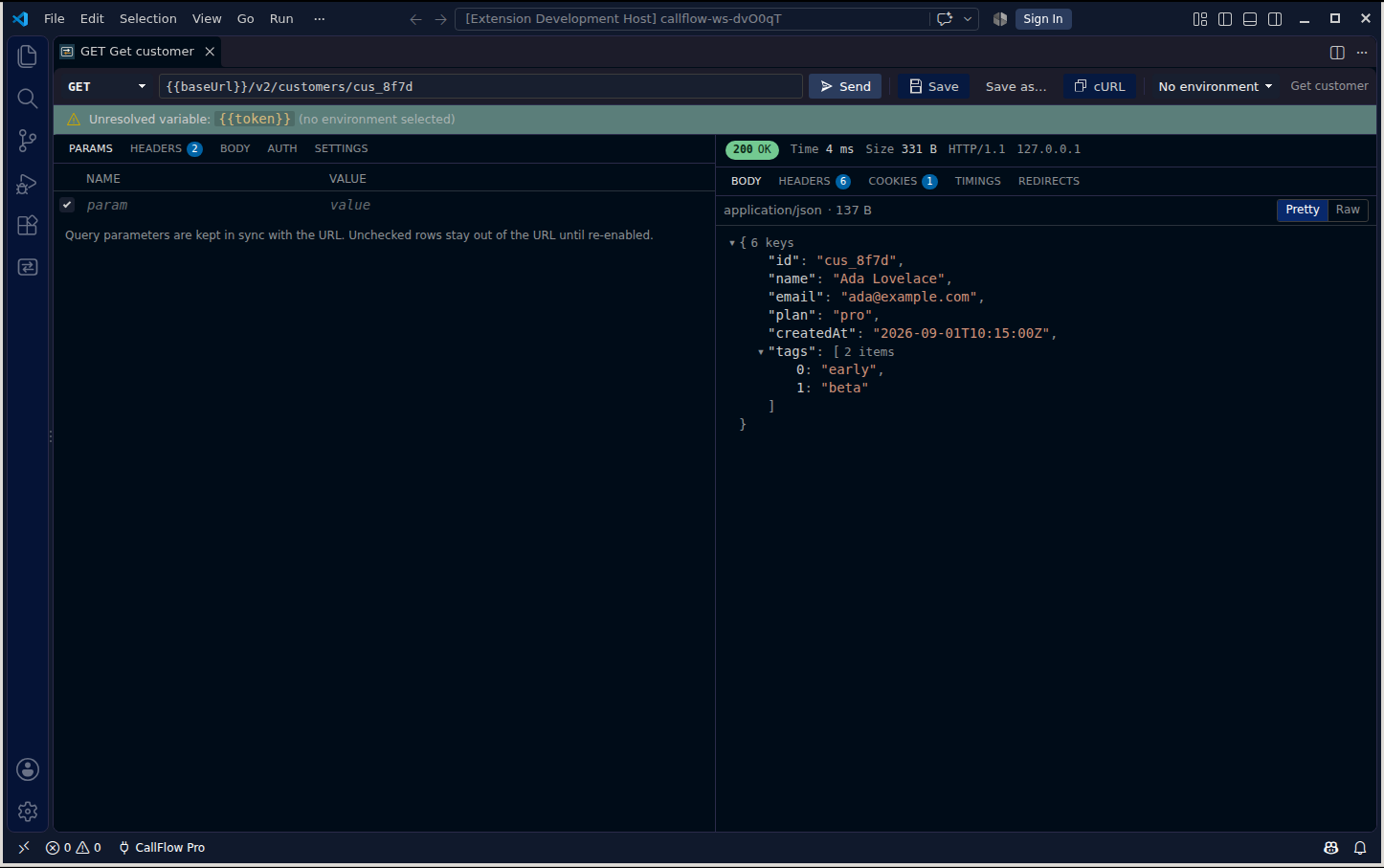 CallFlow request panel: a saved .http request sent, JSON response in a collapsible tree