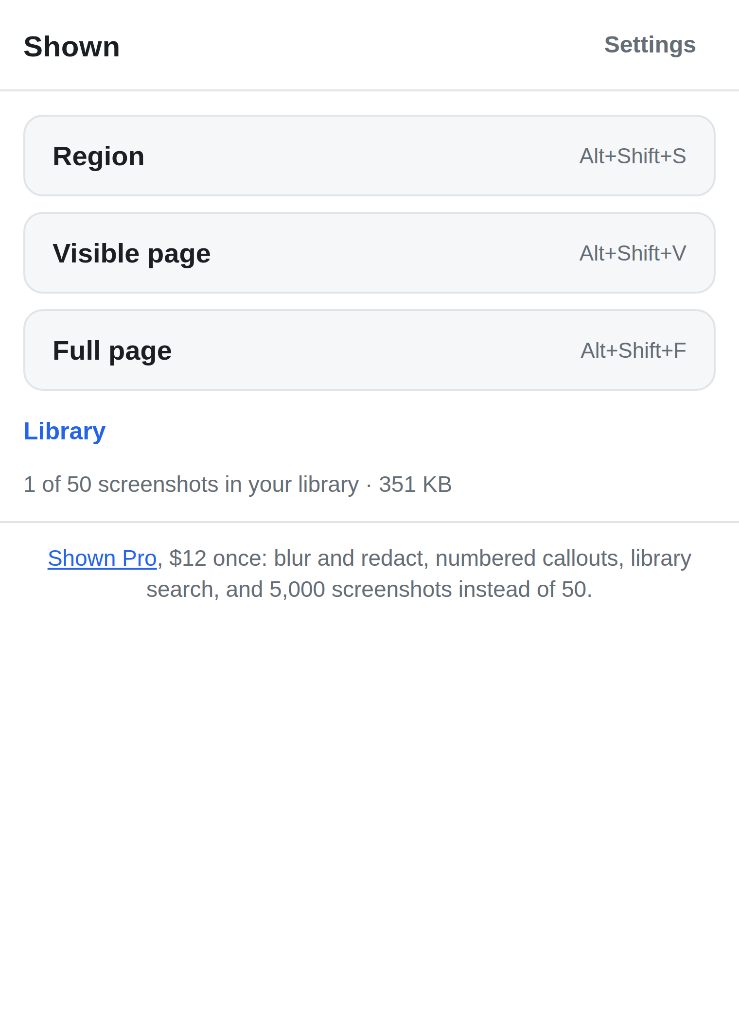 The Shown popup with region, visible page and full page capture buttons and the local library.